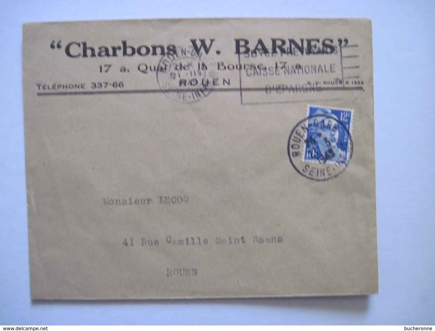 1949 "Charbons W. BARNES"   ROUEN - 1921-1960: Période Moderne