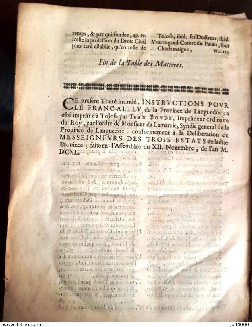 INSTRUCTION POUR Le Franc-alleu De La Province Du LANGUEDOC Establi Et Defendu Par CAZENEUVE En 1650 (Edition Originale) - Ante 18imo Secolo