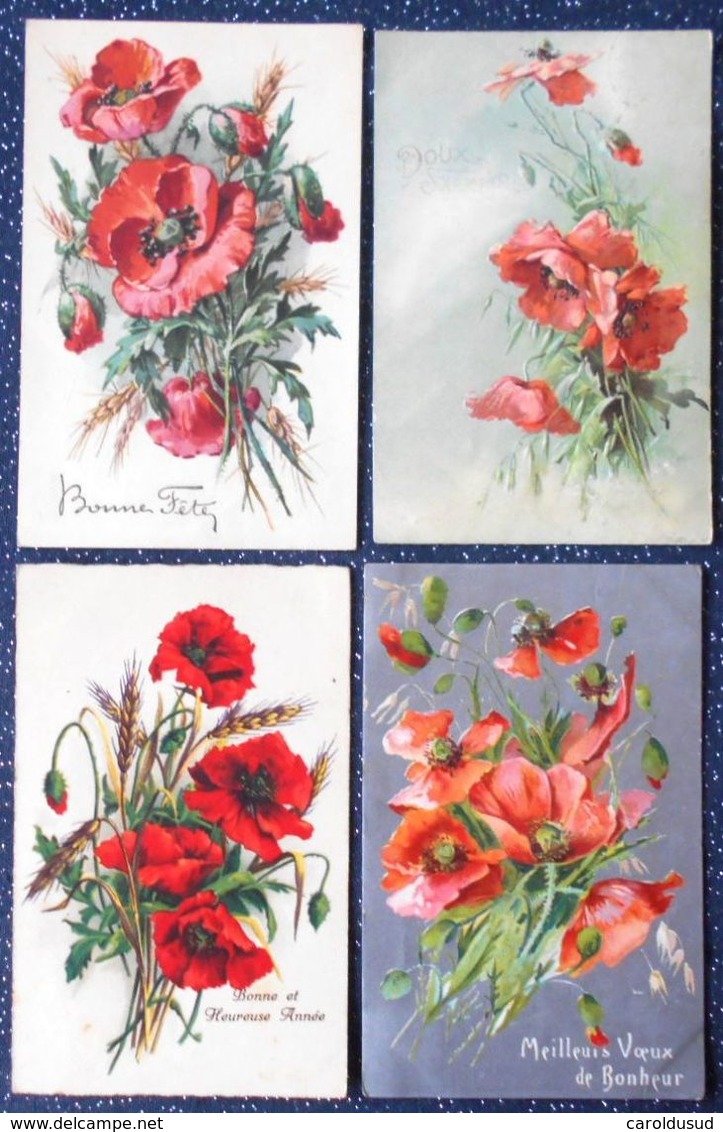 CPA Lot 4x Litho Chromo Illustrateur KLEIN RELIEF 1X FOND ARGENT PAVOT PAVOTS COQUELICOT ET GRAMINEES - Collections & Lots