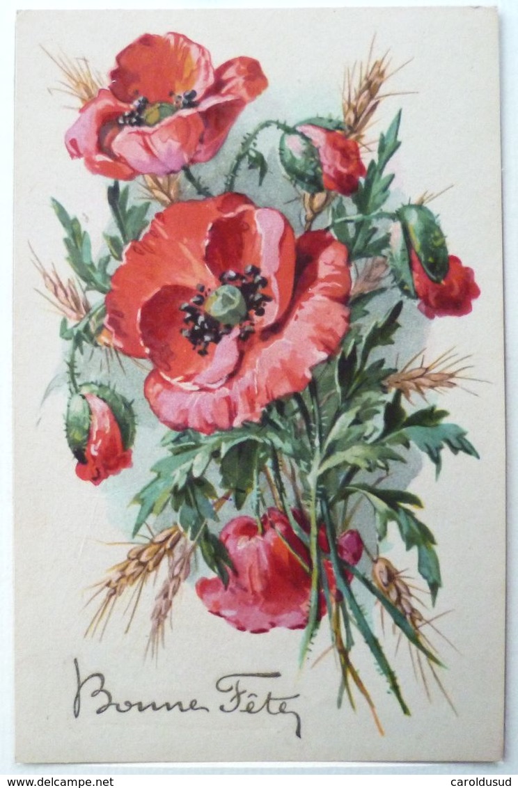 CPA Lot 4x Litho Chromo Illustrateur KLEIN RELIEF 1X FOND ARGENT PAVOT PAVOTS COQUELICOT ET GRAMINEES - Collections & Lots