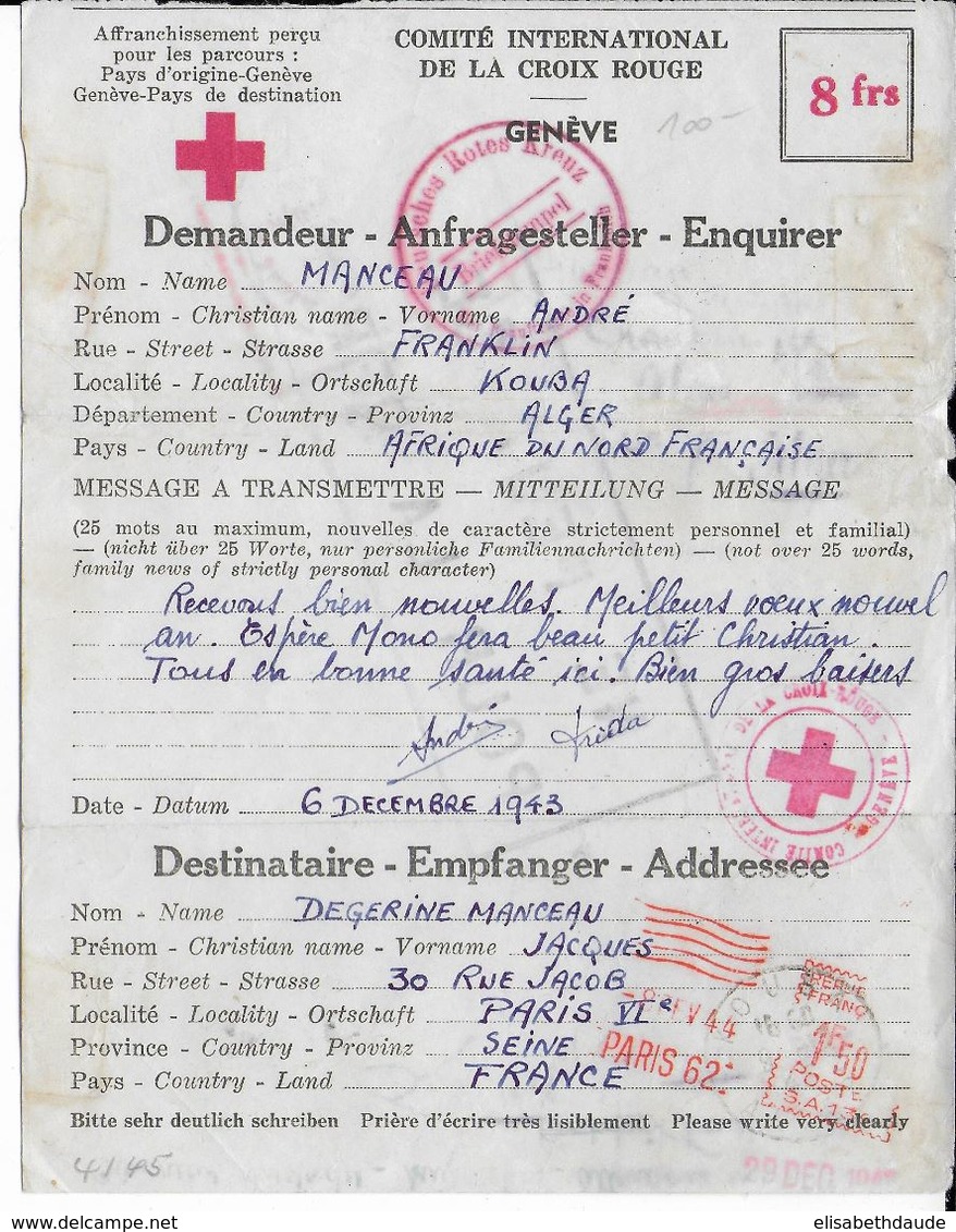 1943 - RED CROSS - CROIX-ROUGE - LETTRE CORRESPONDANCE De KOUBA (ALGERIE) => PARIS - Red Cross