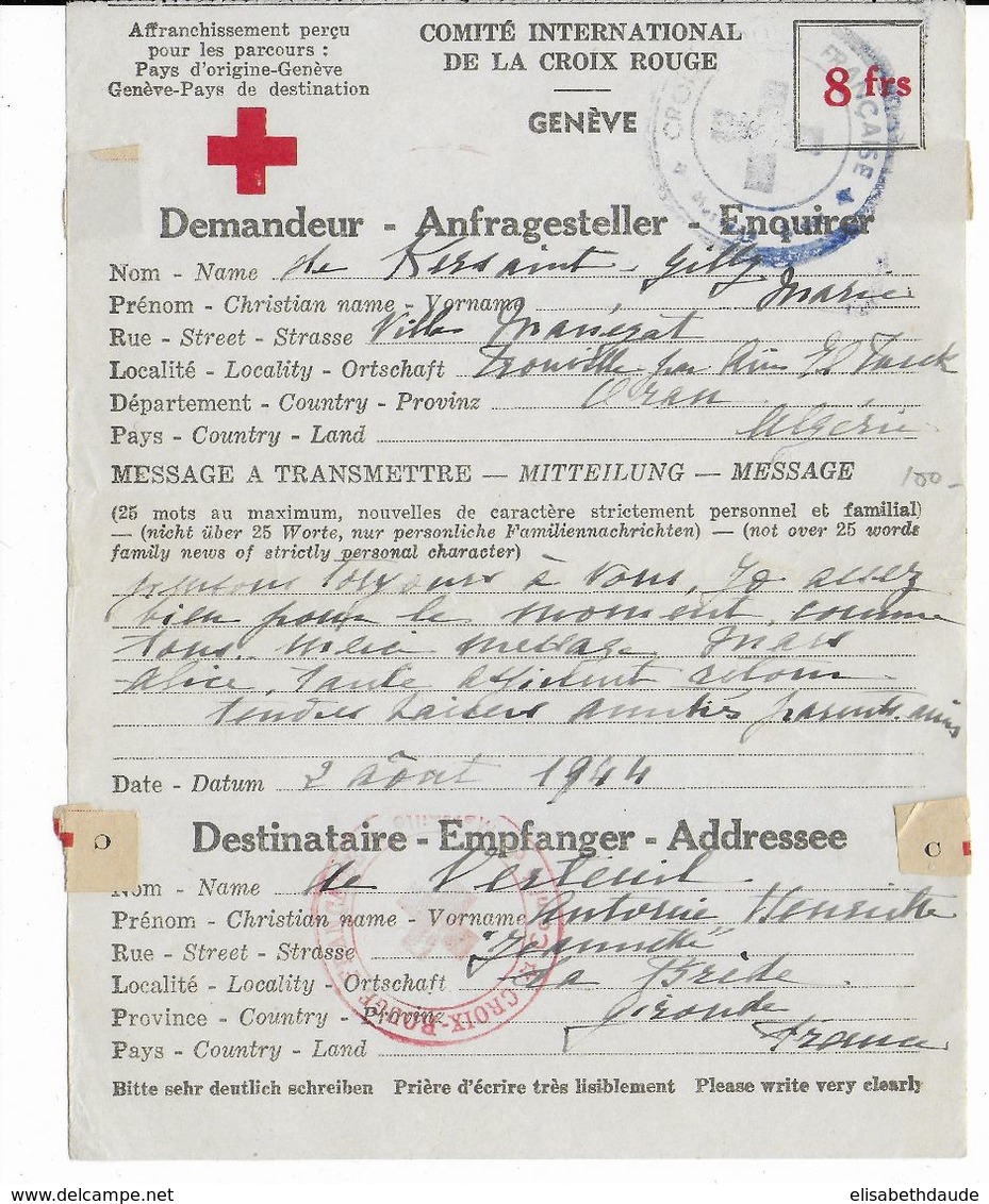 1944 - RED CROSS - CROIX-ROUGE - LETTRE CORRESPONDANCE De ORAN (ALGERIE) => LA BREDE (GIRONDE) - Red Cross