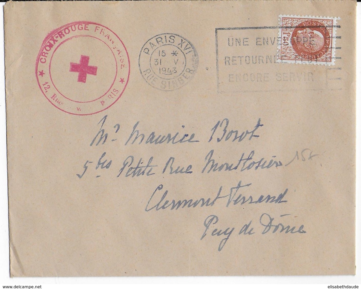 1943 - RED CROSS - CROIX-ROUGE - ENVELOPPE Du COMITE De PARIS => CLERMONT-FERRAND - PETAIN - Croce Rossa