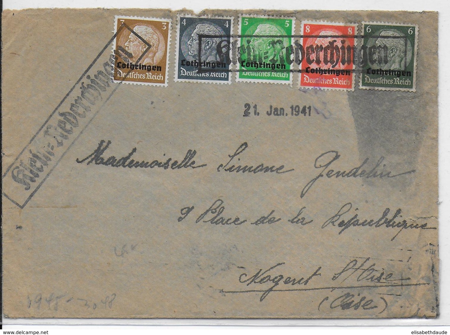 1941 - MOSELLE - OCCUPATION ALLEMANDE - CACHET PROVISOIRE ENVELOPPE Avec CENSURE (VOIR DOS) KLEIN REDERCHINGEN => NOGENT - Guerre De 1939-45