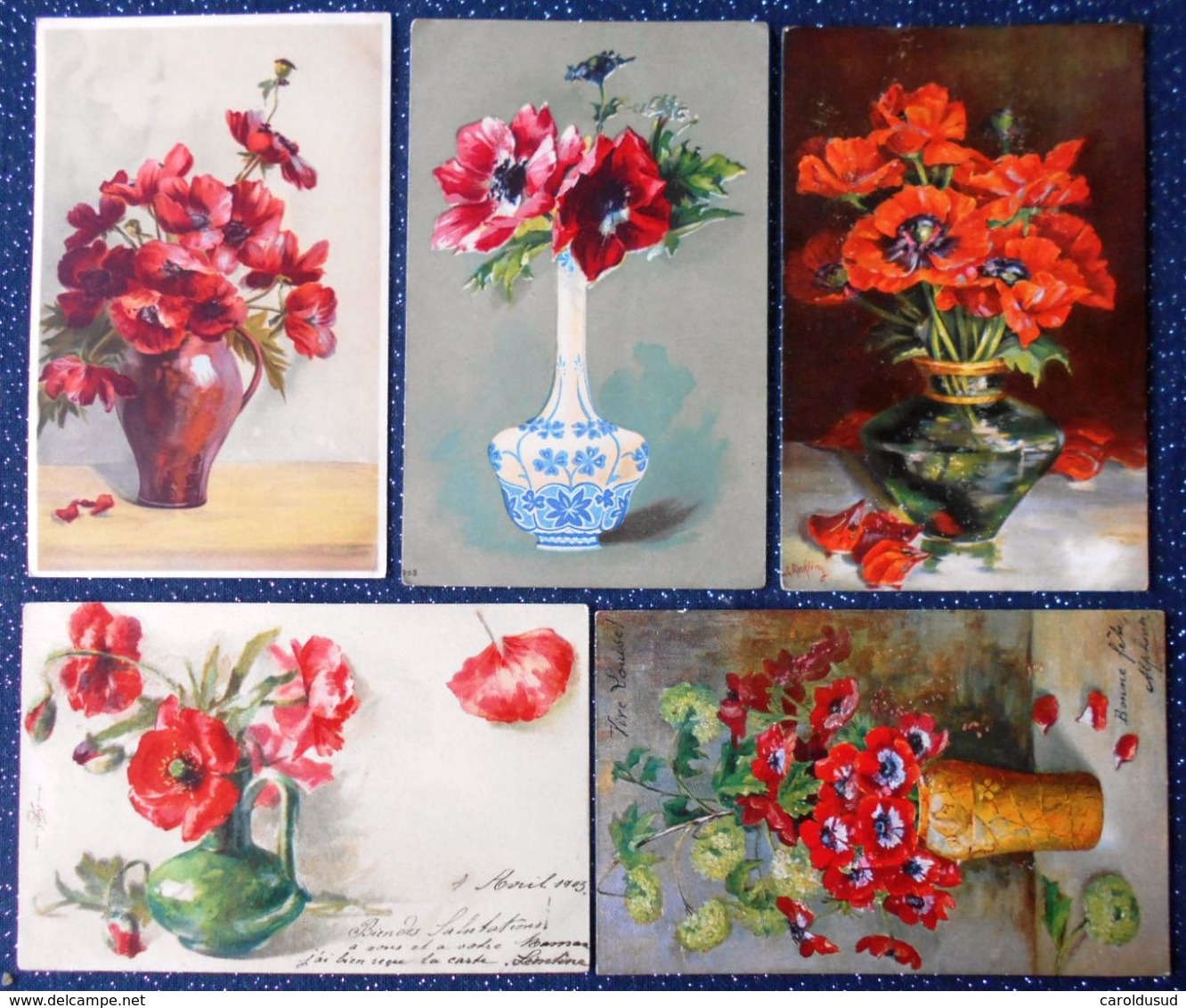 CPA Precurseur Lot 5x Litho Chromo Illustrateur KLEIN ETC PAVOT PAVOTS COQUELICOT COQUELICOTS DANS VASE - Collections & Lots