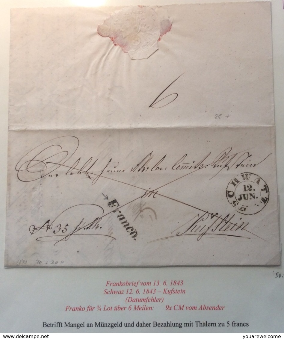 1843 SCHWATZ (Schwaz TIROL Österreich) FRANCO Brief > Kufstein  (Finger Hand Vorphilatelie Cover Lettre - ...-1850 Prefilatelía