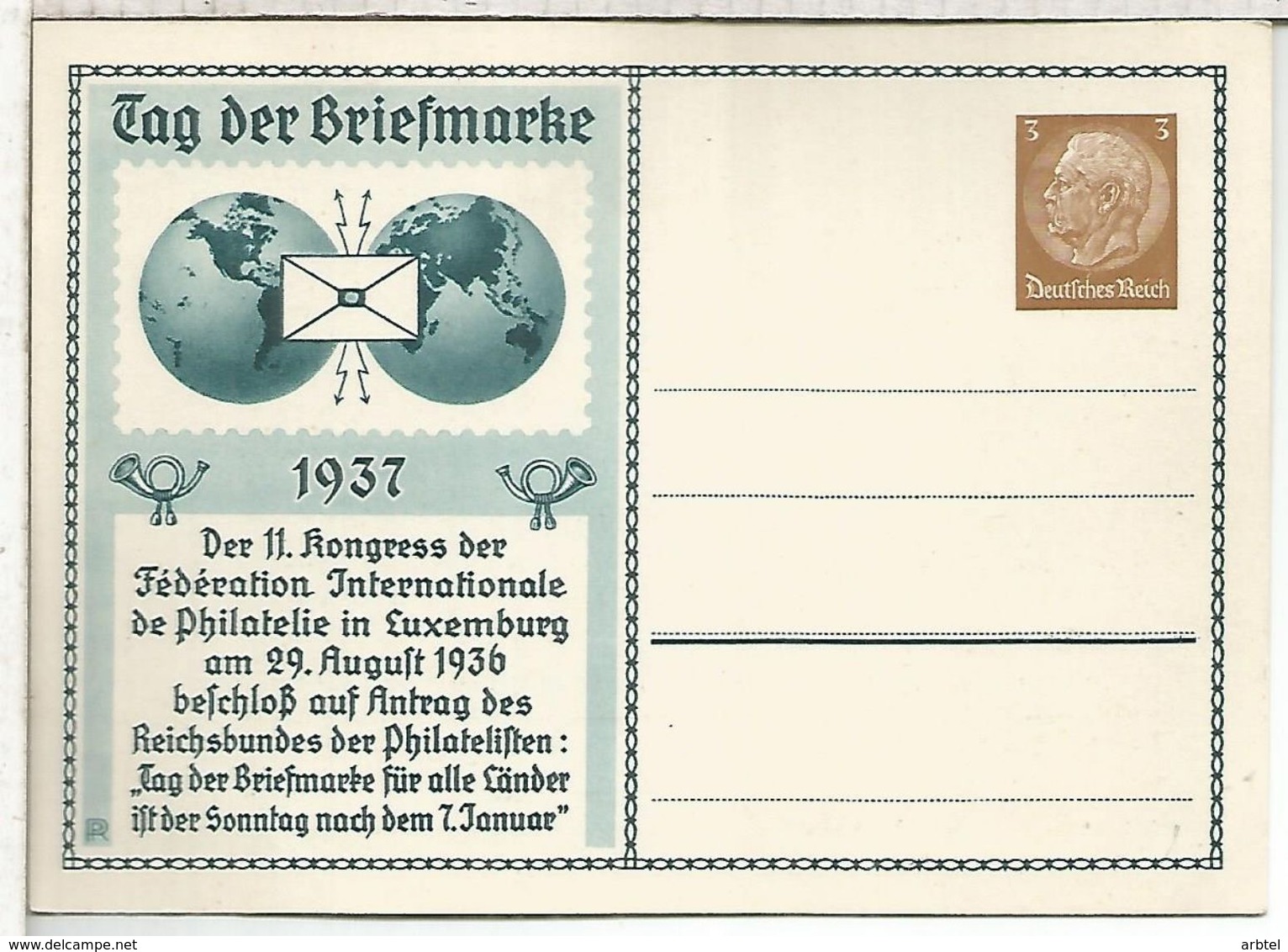 ALEMANIA REICH 1937 ENTERO POSTAL DIA DEL SELLO - Cartas & Documentos