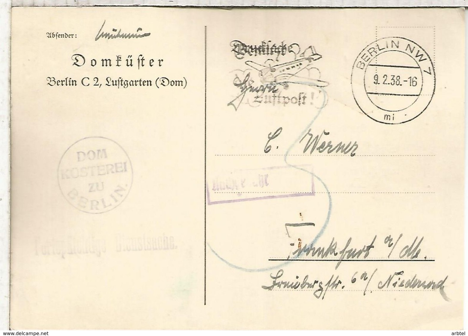 ALEMANIA REICH 1938 BERLIN CC FRANQUICIA DOMFÜHRER MAT AVION - Cartas & Documentos