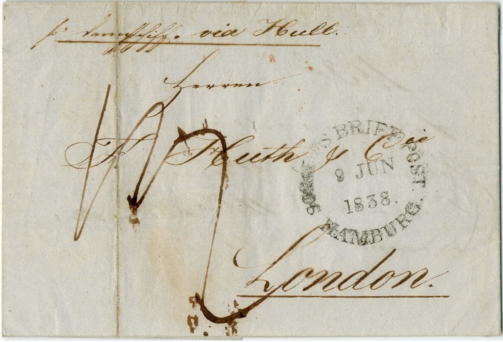 "Schiffspost-Brief Hamburg 1838", Klare Auf Pracht-Brief (Hue) Nach London, Rueckseitig Violetter Ra2 "HULL / SHIPLETTER - Hamburg