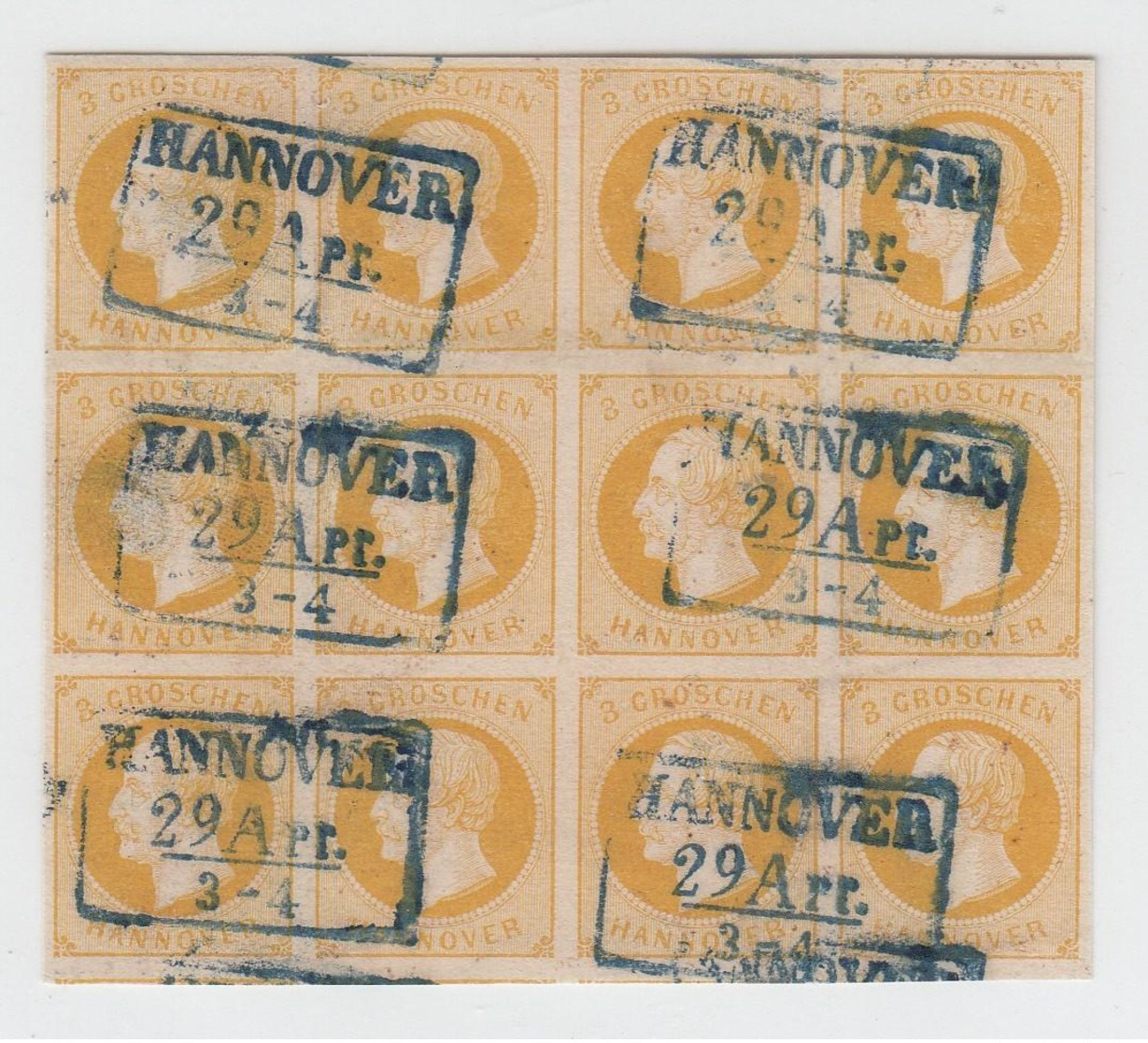 3 Gr. Gelb, Seltener, Sauber Gestempelter Zwoelferblock (blauer R3 HANNOVER), Eine Sehr Dekorative Grosse Einheit Mit Un - Hannover