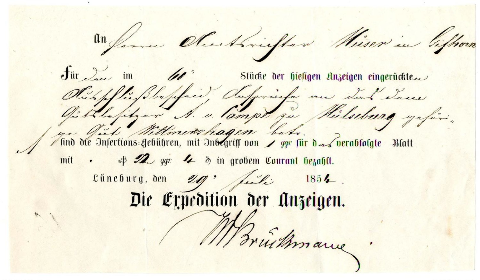 Lueneburg: 1854, Pracht Insertions-Schein "Die Expedition Der Anzeigen" 185. Lueneburg: 1854, Pracht Insertions-Schein " - Hannover