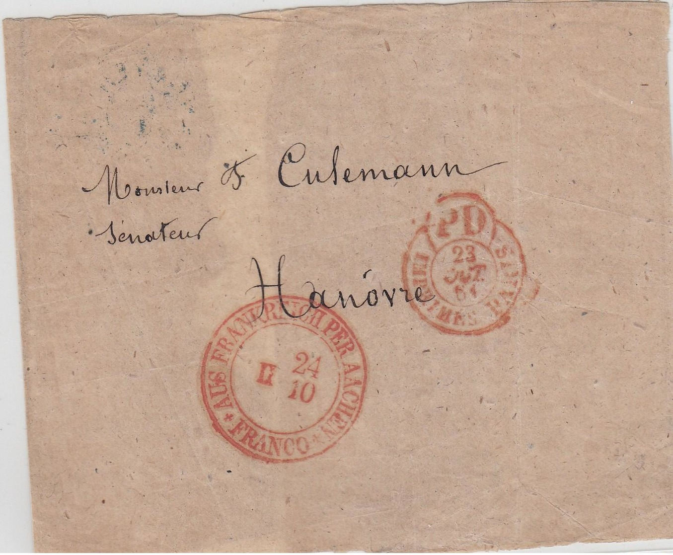 1861, Paris, Streifband Mit Rotem K2 AUS FRANKREICH PER AACHEN FRANCO An Senator Culemann In Hannover 1861, Paris, Strei - Hannover