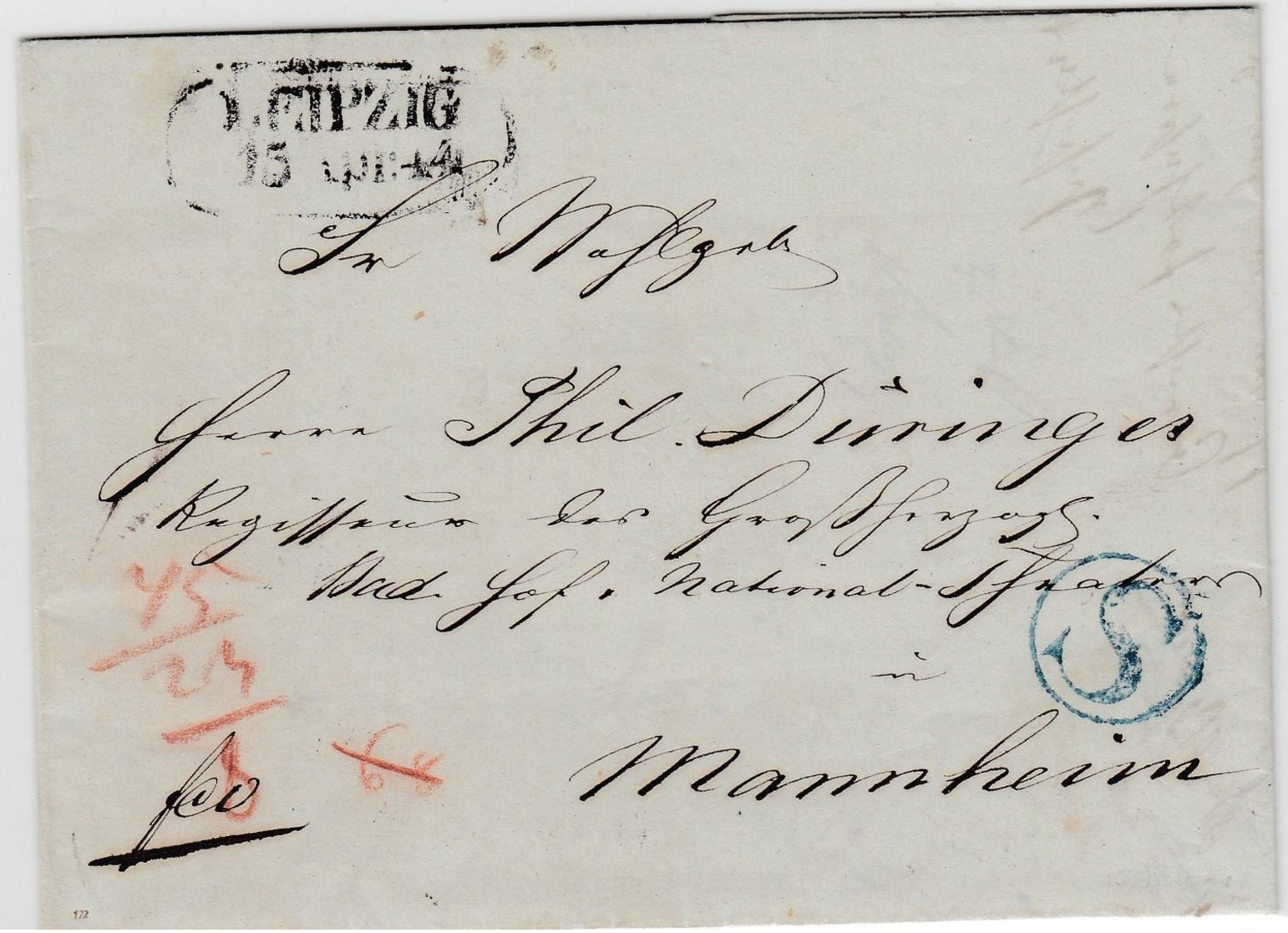 1844, LEIPZIG, R2 Nebst Seltenem Blauem K1 ''S`` Auf Kabinettbrief Nach Mannheim 1844, LEIPZIG, R2 Nebst Seltenem Blauem - Sachsen