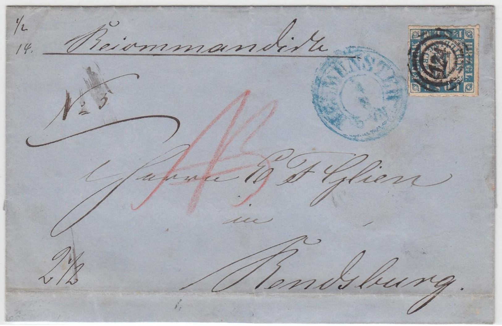 1 1/4 S. Blau/rosa, Einzeln Mit Stempel ''124`` Neumuenster Auf Recobrief Nach Rendsburg, Hs. Nota-Bene-Zeichen 1 1/4 S. - Schleswig-Holstein