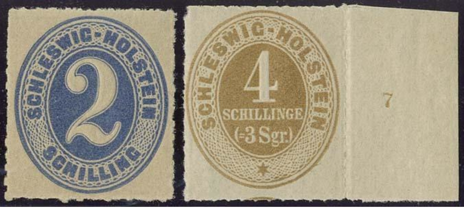 2 Sch. Ultramarin, 4 Sch. Ocker (Randstueck Mit Reihenzahl ''7``), Postfrisch Bzw. Ungebr. (Mi. 200,-) 2 Sch. Ultramarin - Schleswig-Holstein
