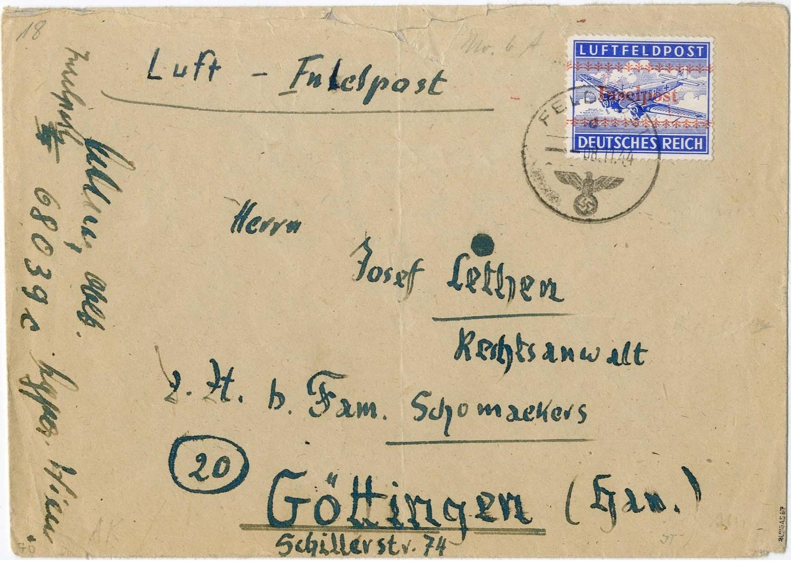 Kreta Gezaehnt (1 Ecke Rund) Auf Brief Oeffnungsmaengel, Bugspur) "8.11.44" Nach Goettingen, Absender FPNr. 68039 C Kret - Sonstige & Ohne Zuordnung