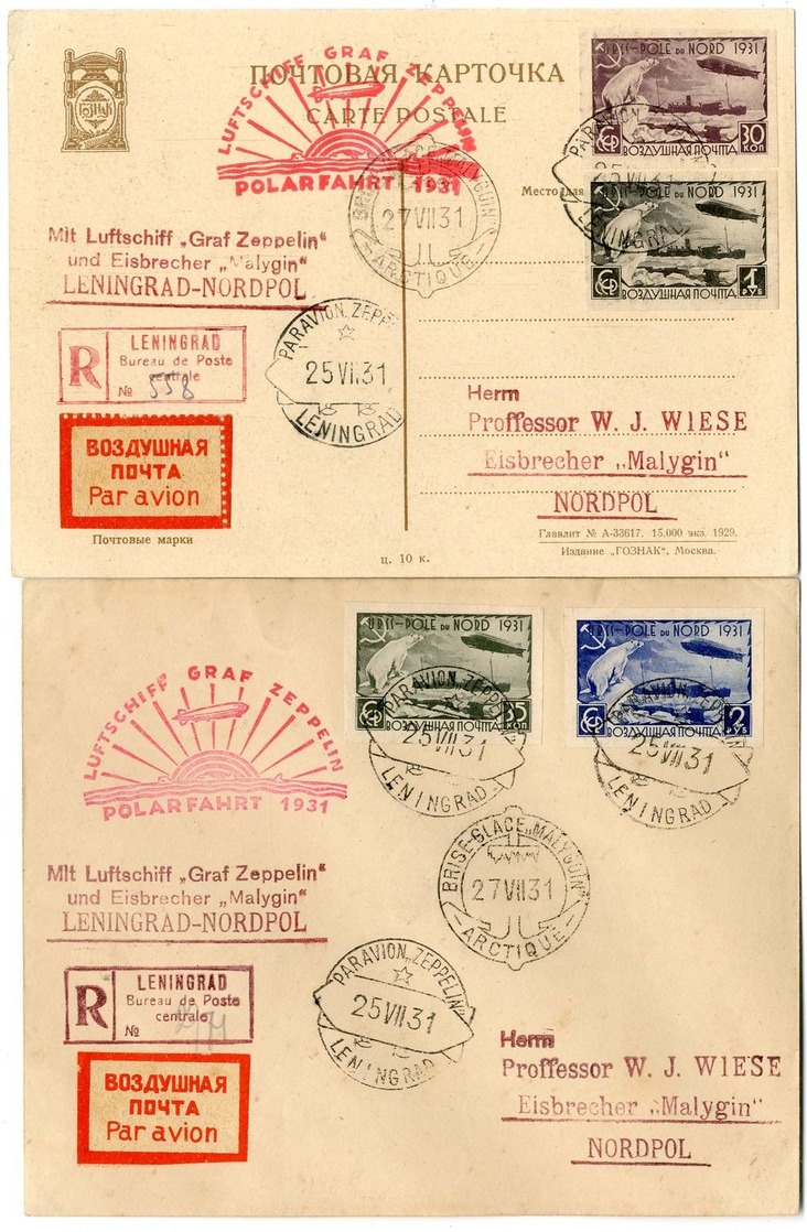 1931, Polarfahrt Des LZ Graf Zeppelin Russ. Post, Brief Und Karte Mit Geschnittenen Marken Von Leningrad, Mit Allen Stem - Luft- Und Zeppelinpost