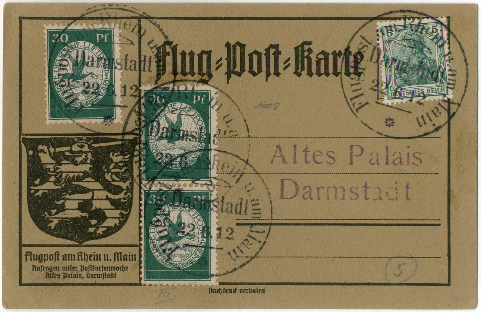 30 Pf Flugpost Rhein & Main 3 X Zusammen Mit 5 Pf Germania Auf Graubrauner Flugkarte "DARMSTADT 22.6.12", Pracht. Sieger - Luft- Und Zeppelinpost