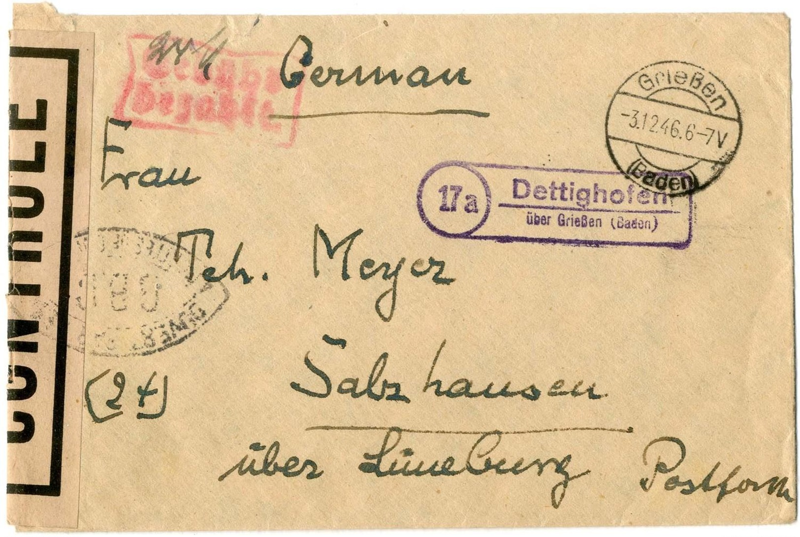 "G.B.C" Schwarz (Freiburg), Leserlich Auf Brief Aus "DETTIGHOFEN" (Landpost Ra 2) Ueber Giessen Nach Salzhausen, Hellbra - Altri & Non Classificati