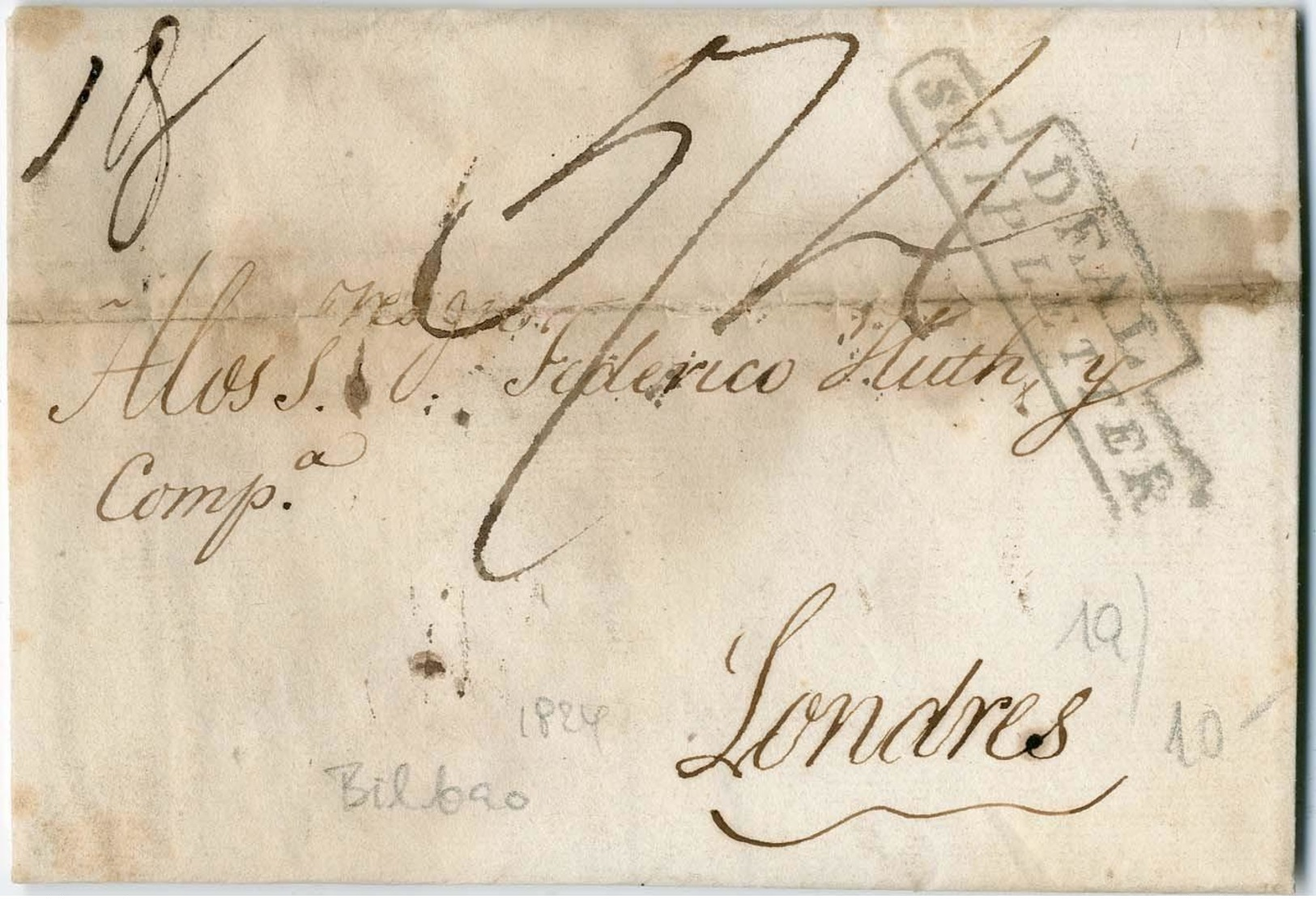 Schiffsbrief Bilbao - London Mit Figurenstpl. (U-Boot) "DEAL SHIPLETTER" Und Tax-Vermerk "5 Sh.4 P" (3-fache Geweichtsst - Other & Unclassified