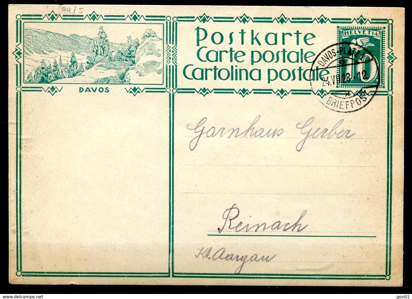 Schweiz 1928 Bildpostkarte Mi.Nr.P127,10er Grün"DAVOS"bef."Davos--Reinach"1 GS Used - Lettres & Documents