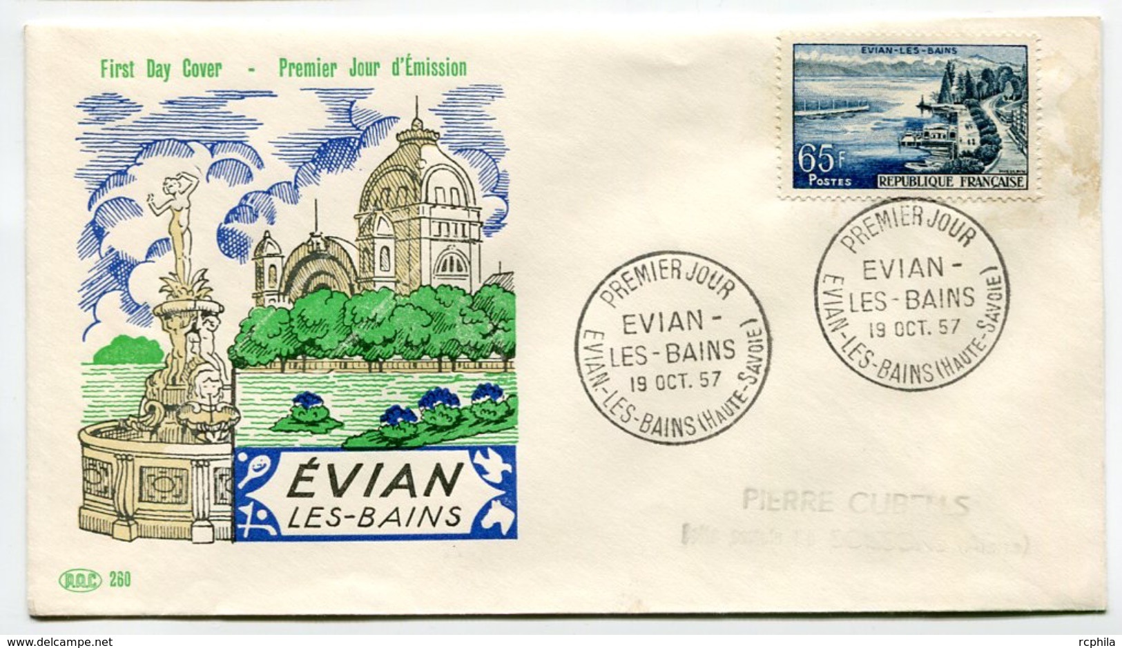 RC 7674 FRANCE FDC ENVELOPPE 1er JOUR EVIAN LES BAINS 1957 - 1950-1959