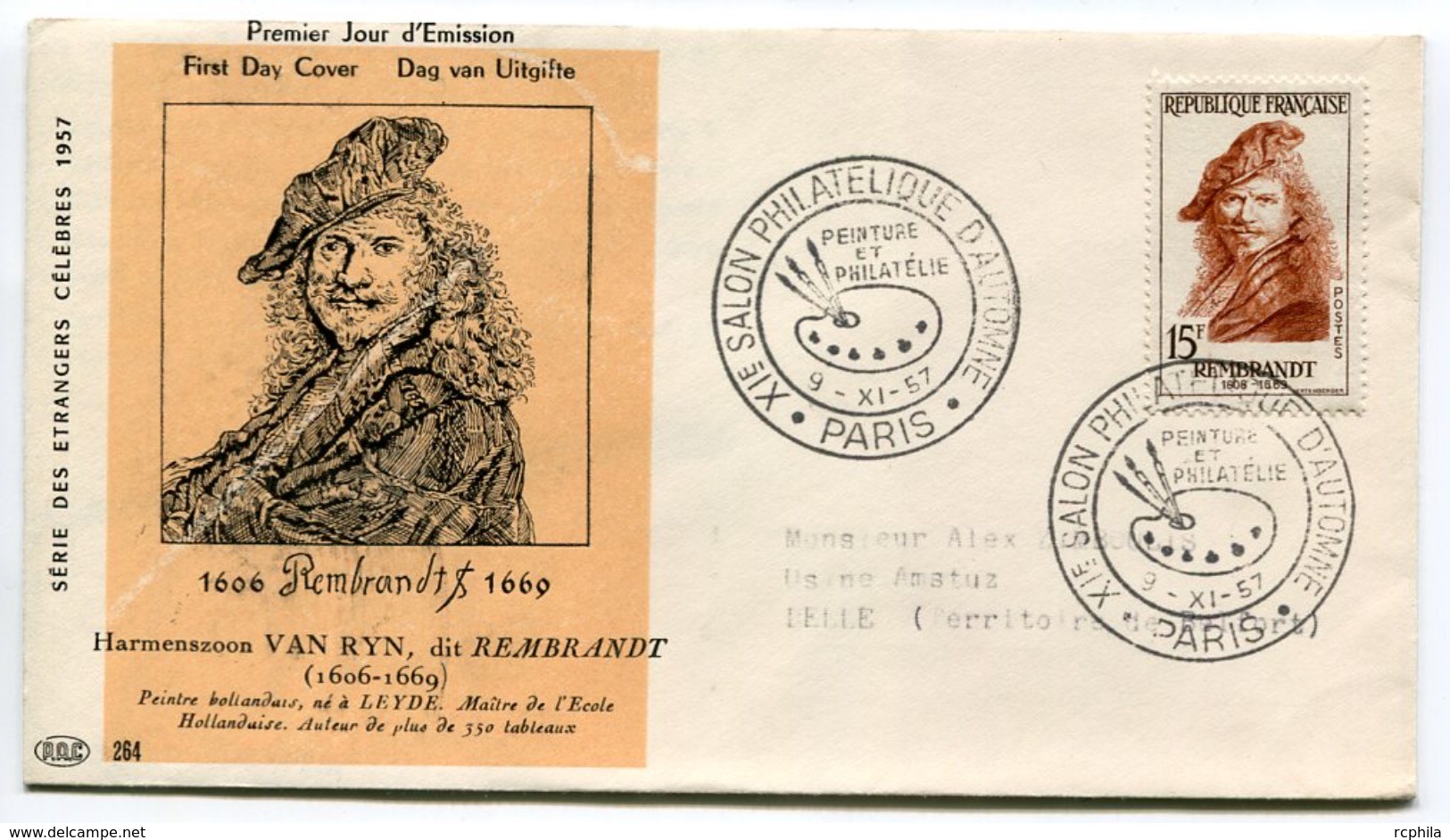 RC 7681 FRANCE FDC ENVELOPPE 1er JOUR REMBRANDT PEINTRE HOLLANDAIS PARIS 1957 - 1950-1959