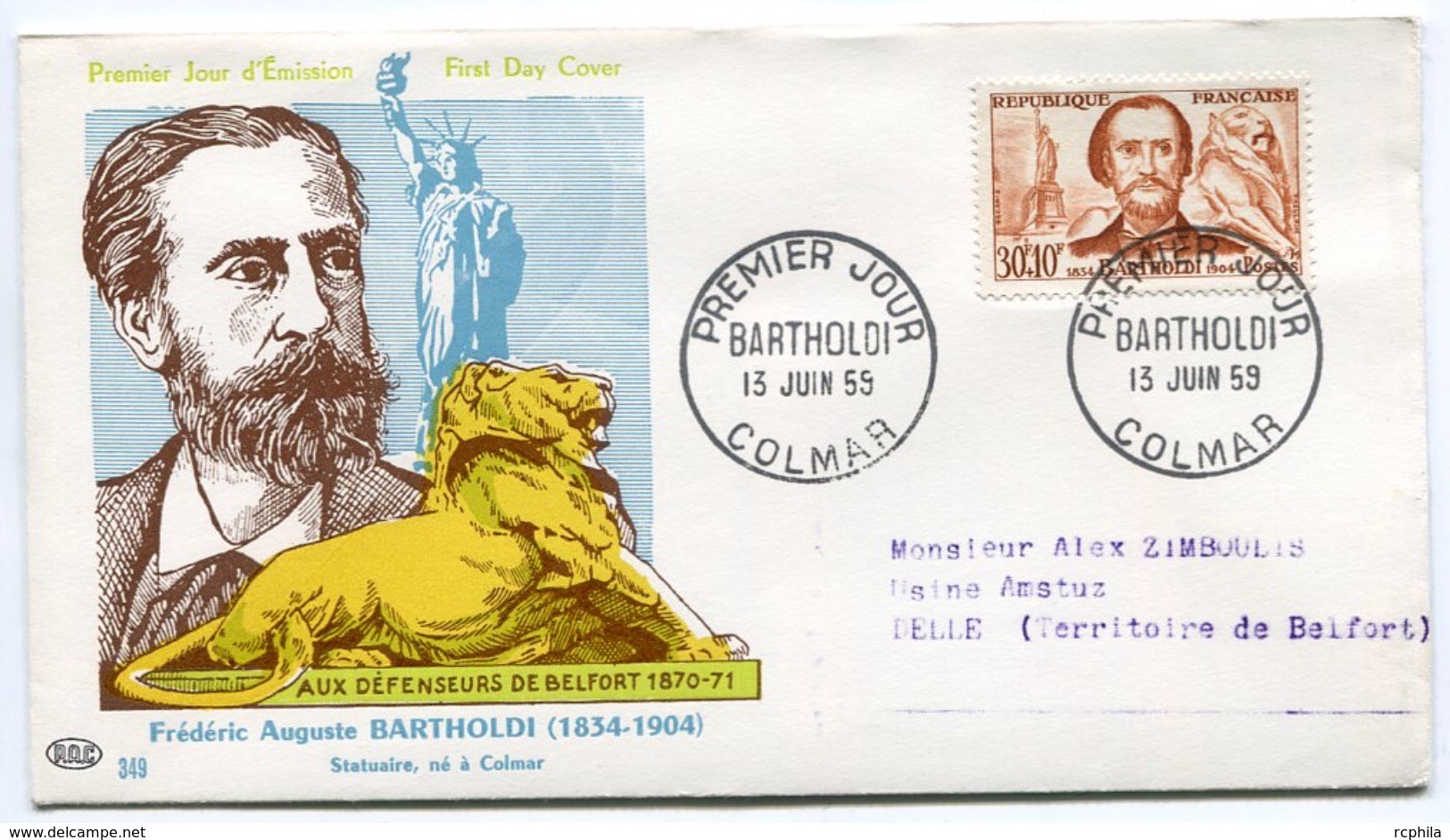 RC 7695 FRANCE FDC ENVELOPPE 1er JOUR BARTHOLDI STATUE DE LA LIBERTÉ COLMAR 1959 - 1950-1959