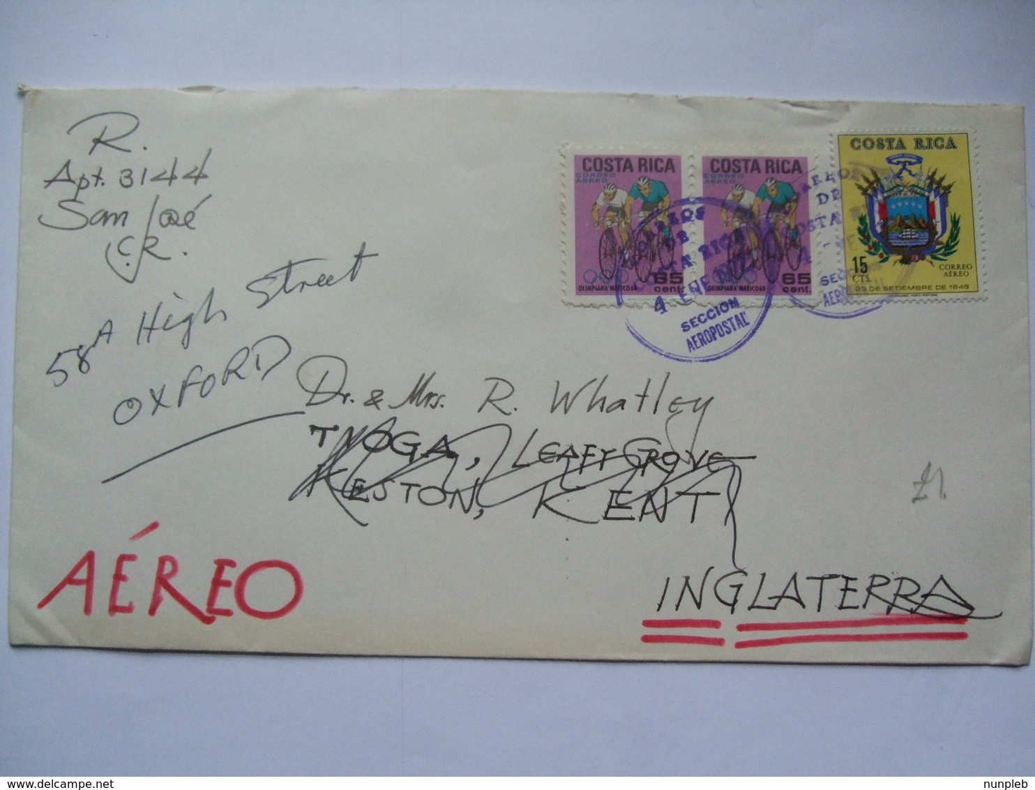 COSTA RICA - 1972 Air Mail Cover - San Jose To Kent Re-directed To Oxford England - Costa Rica