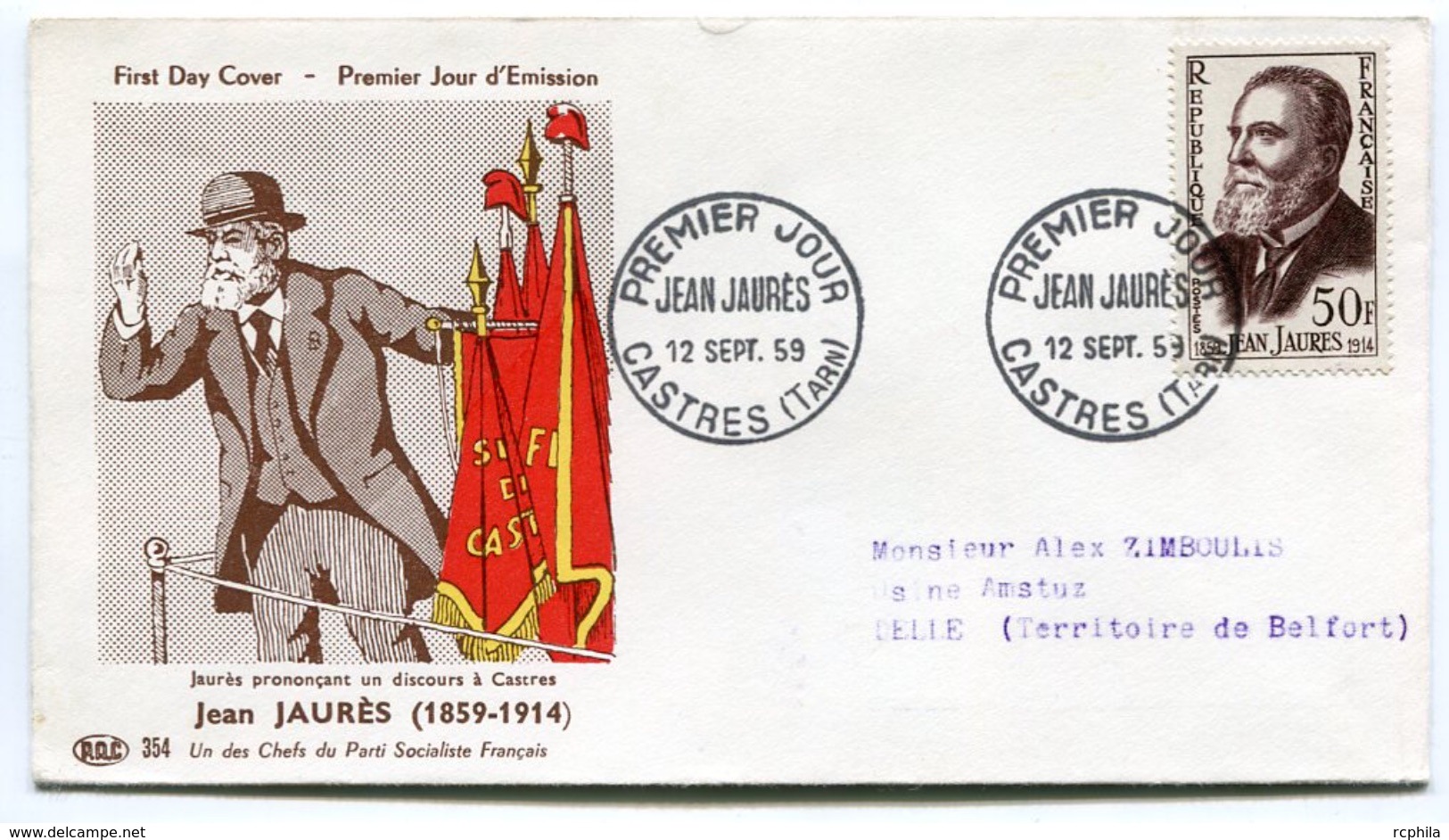 RC 7726 FRANCE FDC ENVELOPPE 1er JOUR JEAN JAURES PARTI SOCIALISTE CASTRES 1959 - 1950-1959