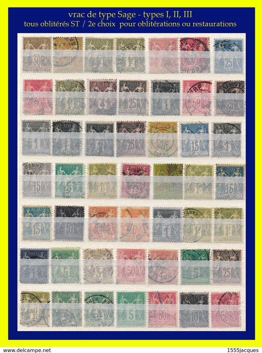 VRAC DE TIMBRES AU TYPE SAGE PAR MULTIPLES - 1 CENTAINE - OBLITÉRÉS ST / 2e CHOIX POUR ÉTUDES DE CASES OU OBLITÉRATIONS - 1876-1898 Sage (Type II)