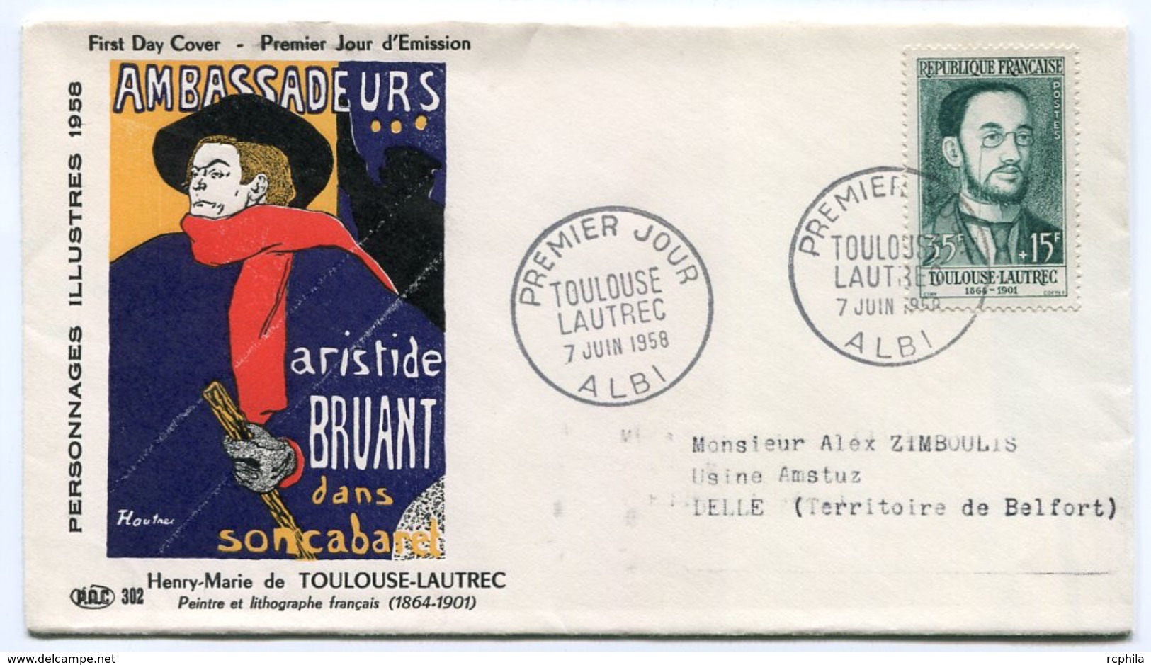 RC 7728 FRANCE FDC ENVELOPPE 1er JOUR TOULOUSE LAUTREC PEINTRE ALBI 1958 - 1950-1959