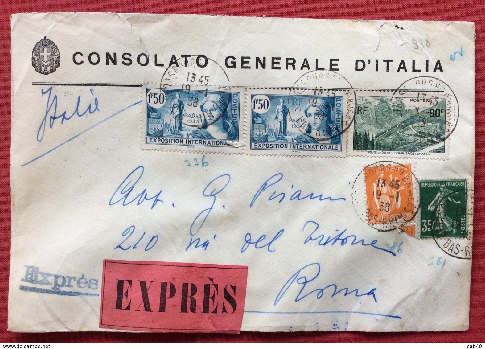 FRANCIA  ESPRESSO DA STRASBURGO A ROMA DEL CONSOLATO GENERLE D'ITALIA   10/1/1938 - Storia Postale
