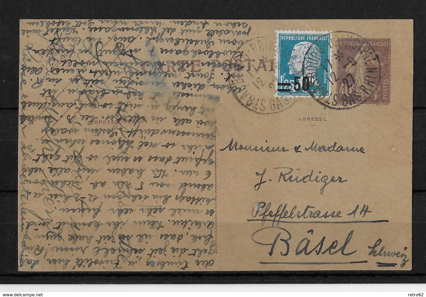 CARTE POSTALE - Postkarte 1927 Von Strassbourg Nach Basel  ►mit Zusatzfrankatur) - Cartes Postales Types Et TSC (avant 1995)