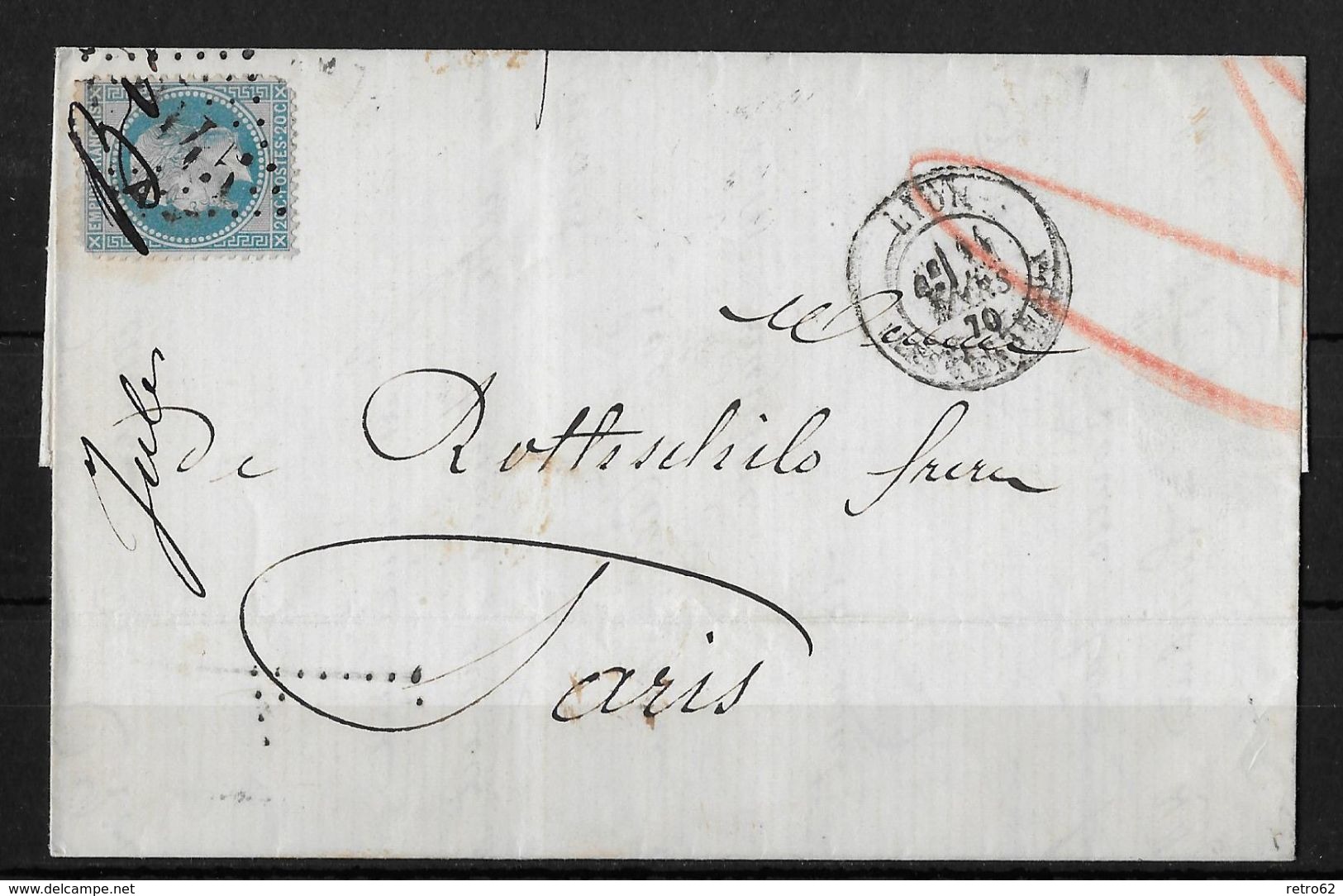 1870 Emperor Napoléon III → Brief Von Lyon Nach Paris - 1863-1870 Napoléon III Lauré