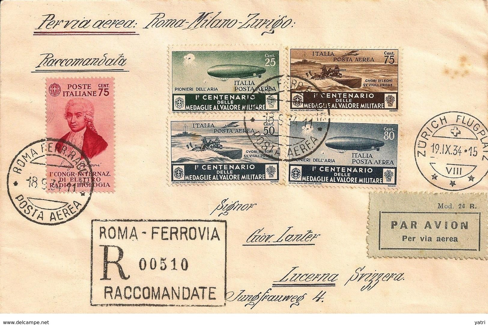 1934 - Linea Aerea Milano / Zurigo - Raccomandata Da Roma A Lucerna - Marcophilie (Avions)