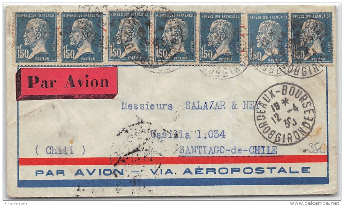 LETTRE DE BORDEAUX 1930 SUR LETTRE AVEC AFFRANCHISSEMENT PASTEUR  PAR AVION =&gt; CHILI COVER - 1921-1960: Moderne