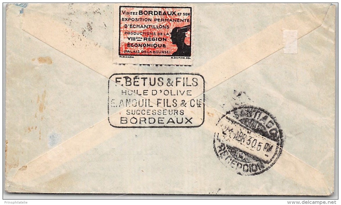 LETTRE DE BORDEAUX 1930 SUR LETTRE AVEC AFFRANCHISSEMENT PASTEUR  PAR AVION =&gt; CHILI COVER - 1921-1960: Moderne