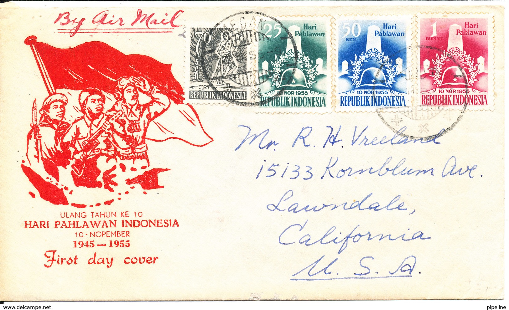 Indonesia FDC 10-11-1955 Uprated And Sent To USA - Aéreo