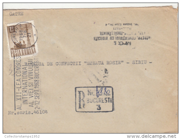 69781- VINEYARD AND WINE CONGRESS SPECIAL POSTMARK ON REGISTERED COVER, RADIO TOWER STAMP, 1968, ROMANIA - Cartas & Documentos