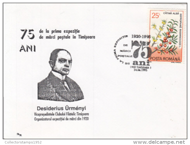 69832- DESIDERIUS URMENYI, PHILATELISTS, SPECIAL COVER, 1995, ROMANIA - Covers & Documents