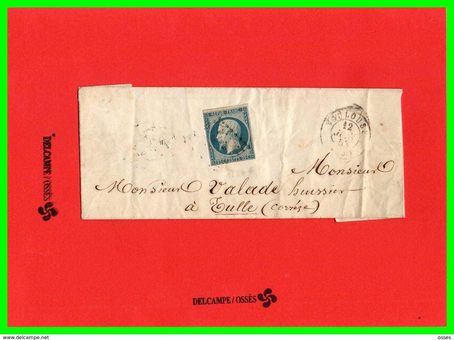 .Pli Lettre1853 à Monsieur Valade Huissier à Tulle.n°15.25c1853.bleu Foncé Non Dentelé Empire Franc. - 1849-1876: Période Classique