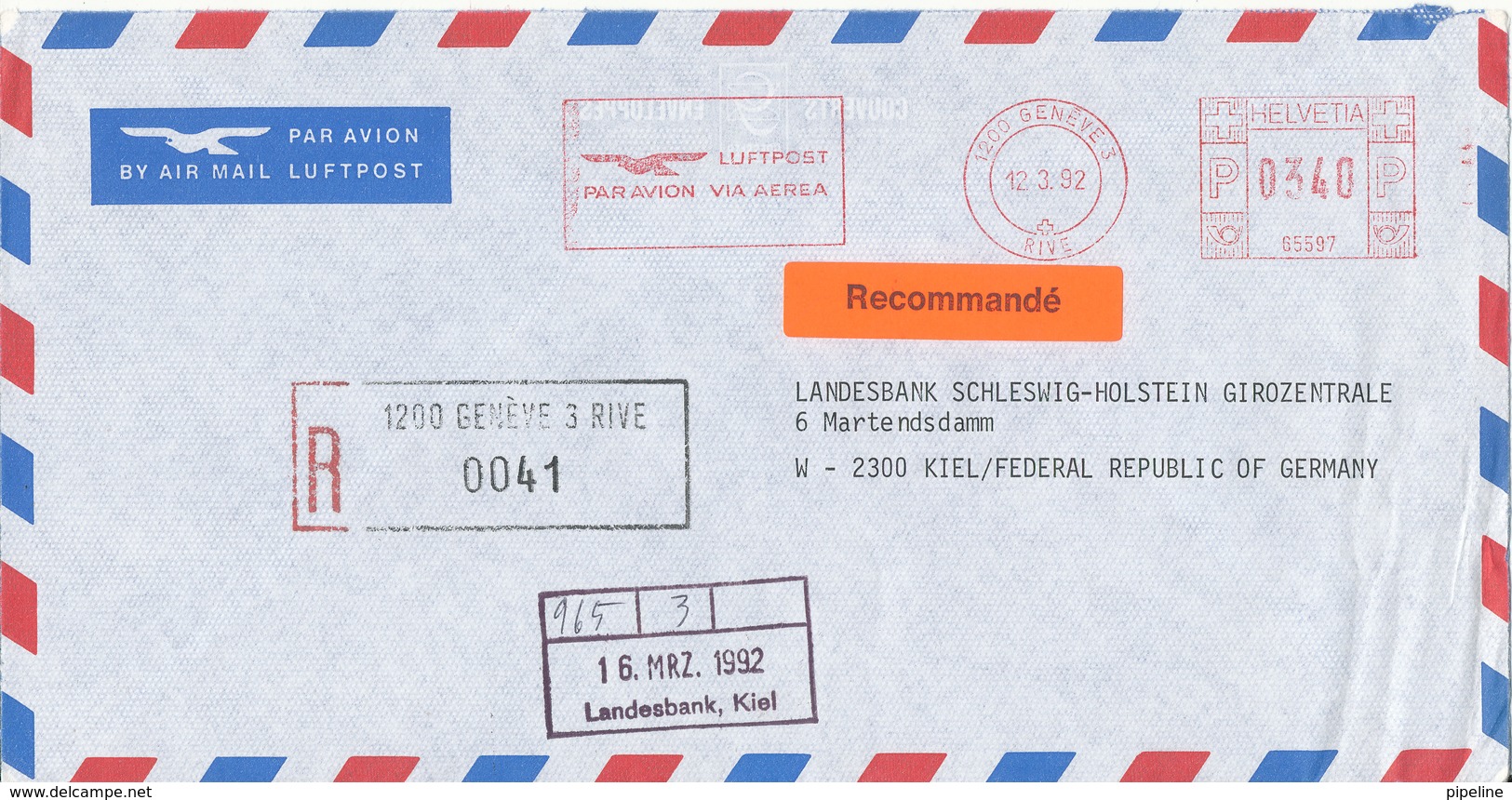 Hong Kong Registered Air Mail Bank Cover With Meter Cancel Sent To Germany 12-3-1992 - Covers & Documents
