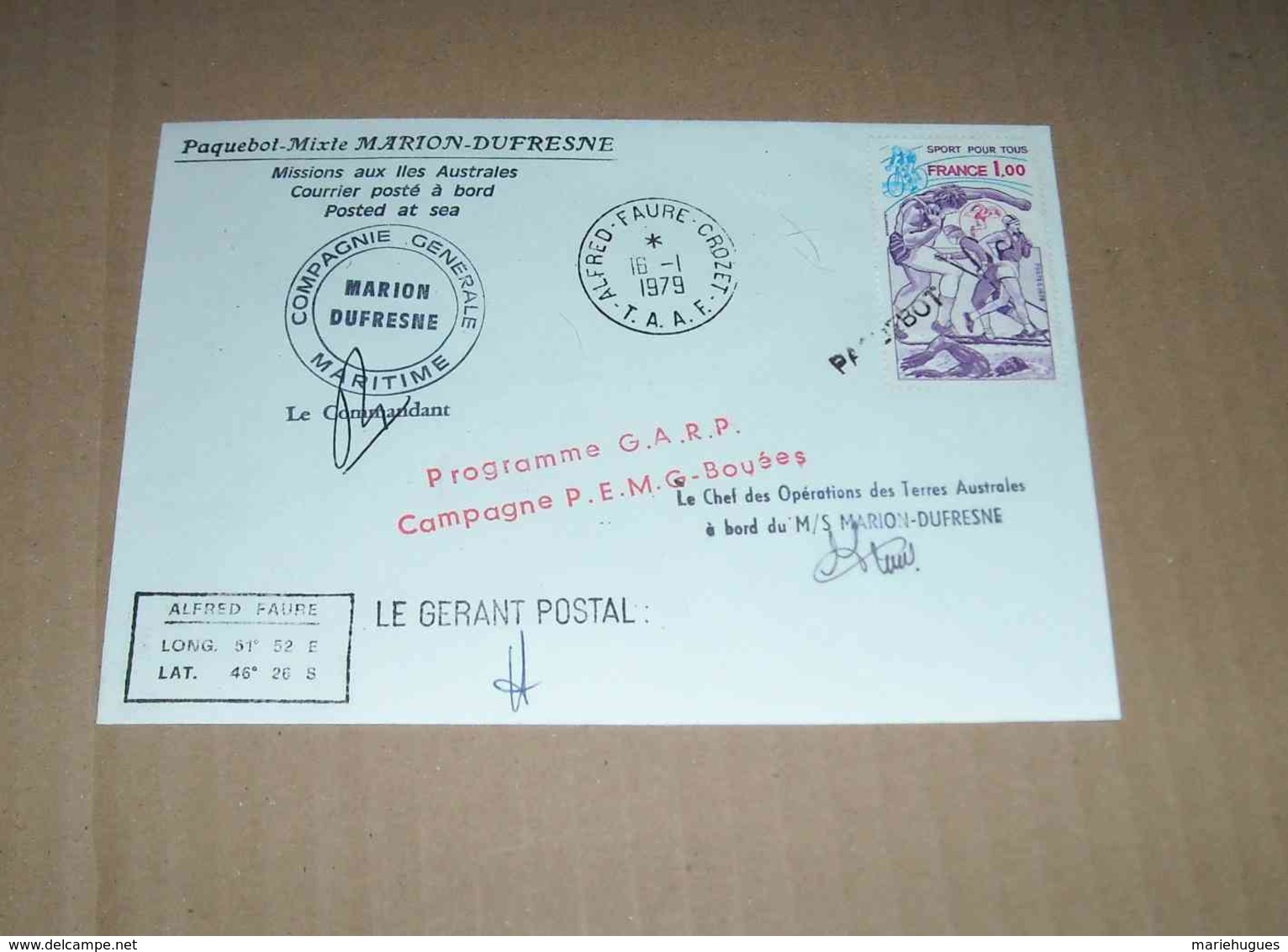 ENVELOPPE MARITIME PAQUEBOT TAAF MARION DUFRESNE CGM MISSION AUSTRALES 1979 TIMBRE + OBLITERE - Autres & Non Classés