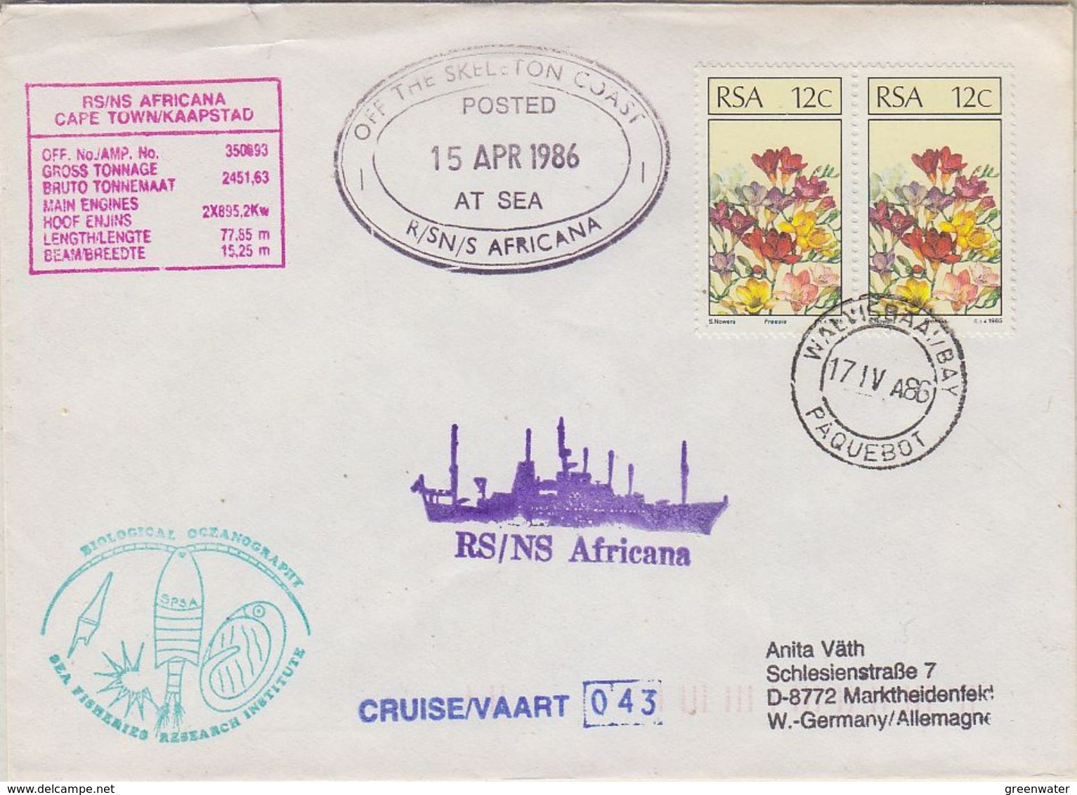 South Africa 1986 RS Africana Ca "Off The Skeleton Coast" 15 Apr 1986 Cover  (37856) - Poolshepen & Ijsbrekers