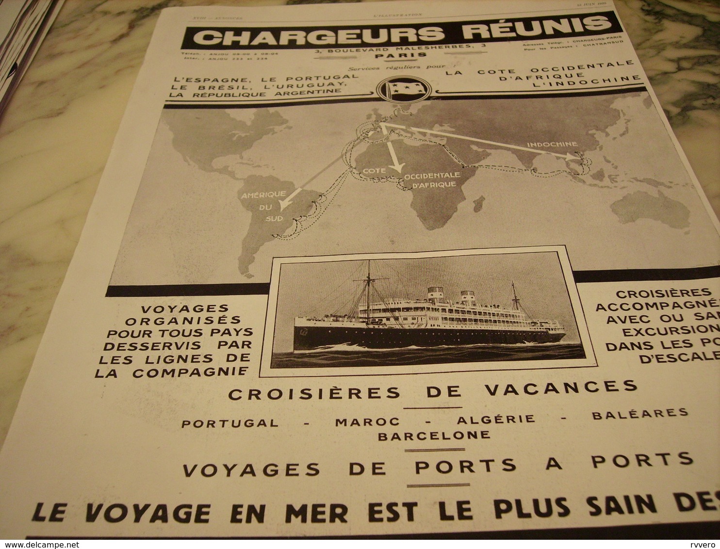 ANCIENNE PUBLICITE CROISIERE PAR LES PAQUEBOT CHARGEURS REUNIS   1929 - Autres & Non Classés