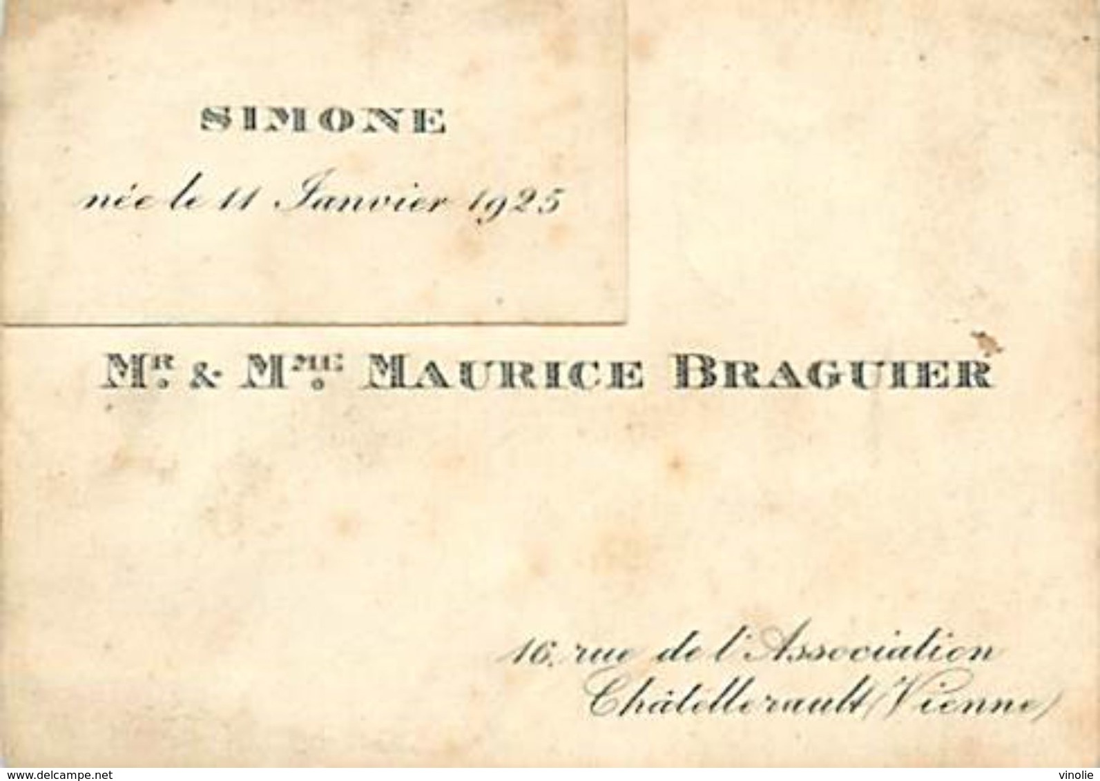 VP-GF.18.T-358 : FAIRE-PART DE NAISSANCE SIMONE  BRAGUIER 1925 CHATELLERAULT - Naissance & Baptême