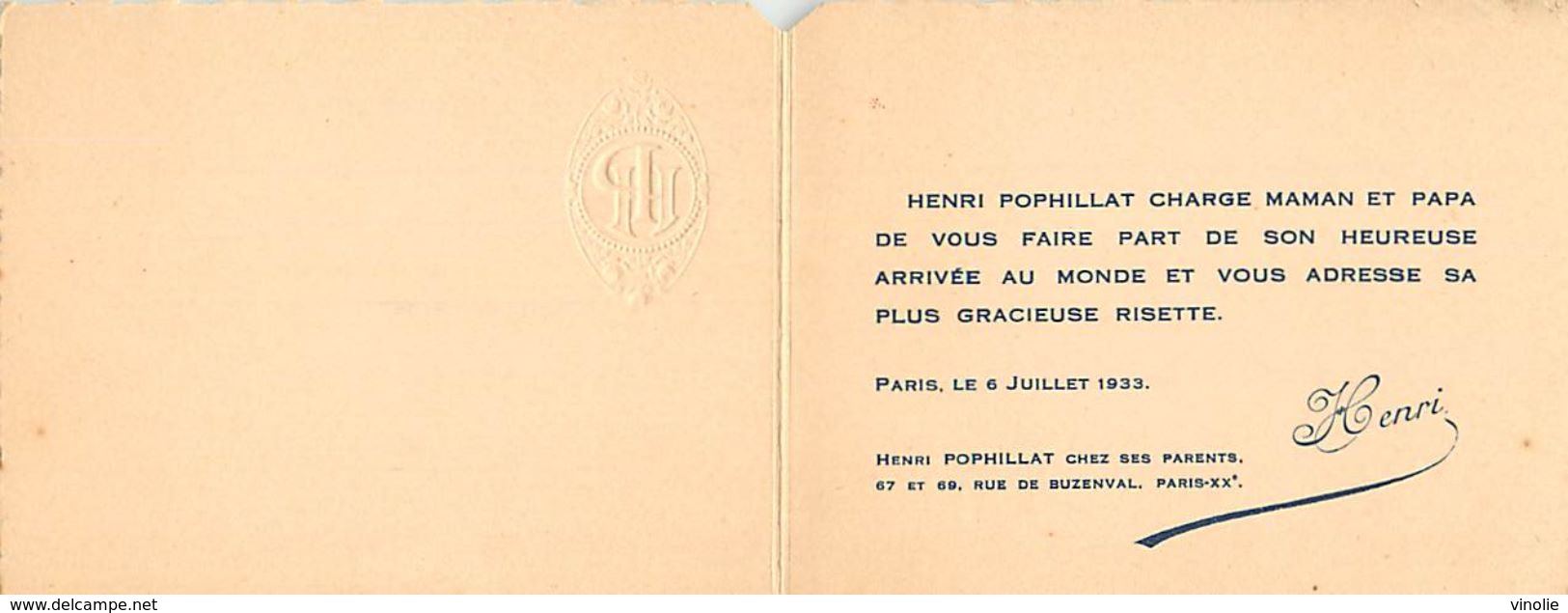 VP-GF.18.T-357 : FAIRE-PART DE NAISSANCE HENRI POPHILLAT 6 JUILLET 1933 - Birth & Baptism