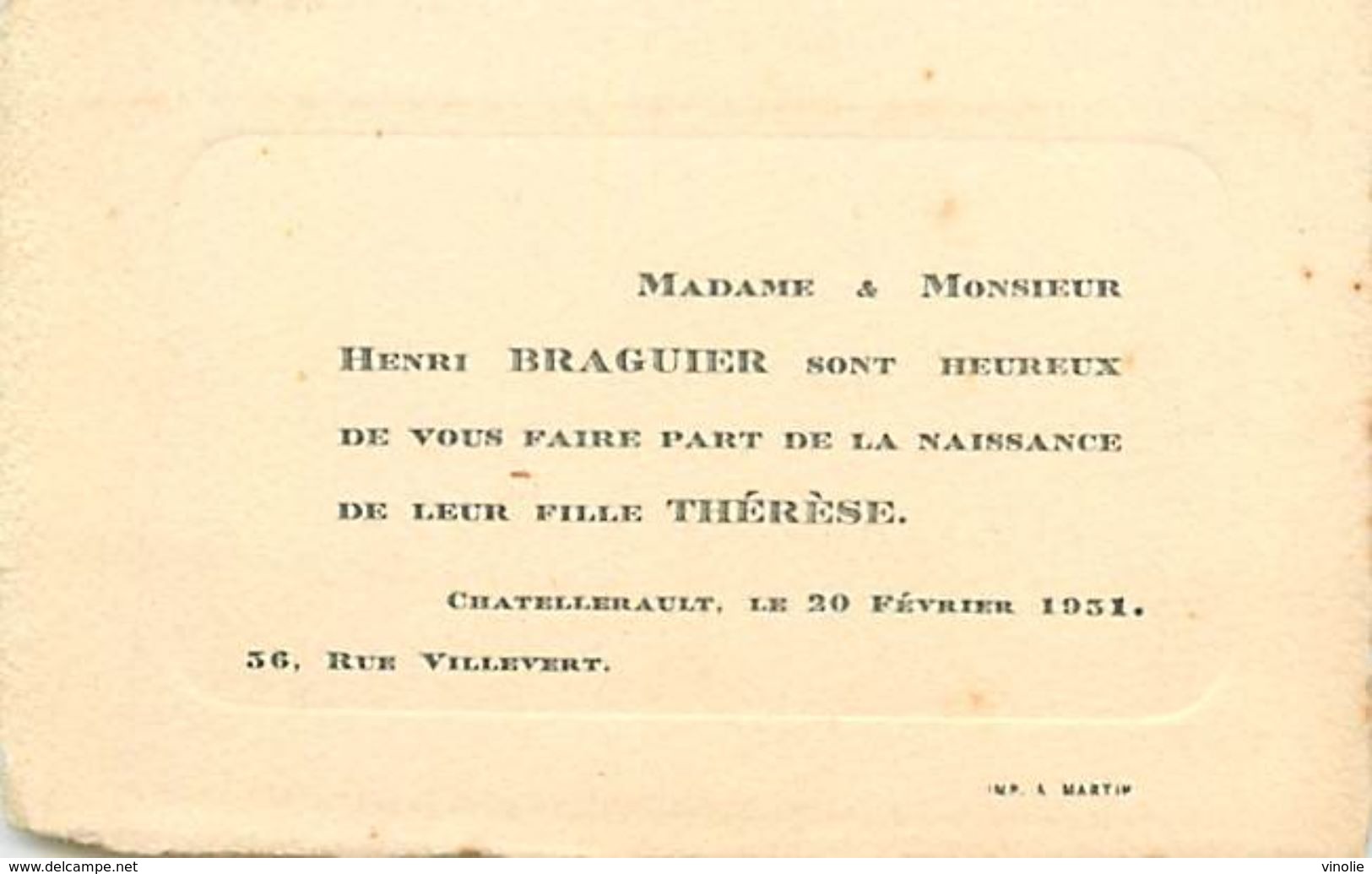 VP-GF.18.T-361 : FAIRE-PART DE NAISSANCE THERESE BRAGUIER. CHATELLERAULT 20 FEVRIER 1931 - Naissance & Baptême