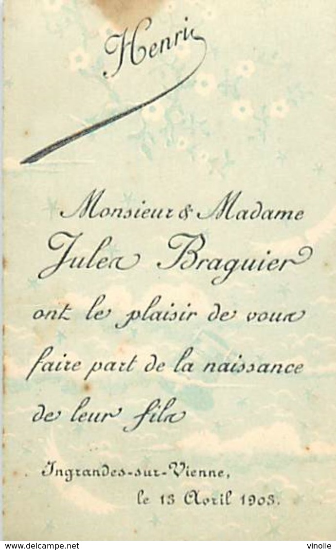 VP-GF.18.T-363 : FAIRE-PART DE NAISSANCE HENRI BRAGUIER INGRANDES SUR VIENNE 13 AVRIL 1903 - Naissance & Baptême